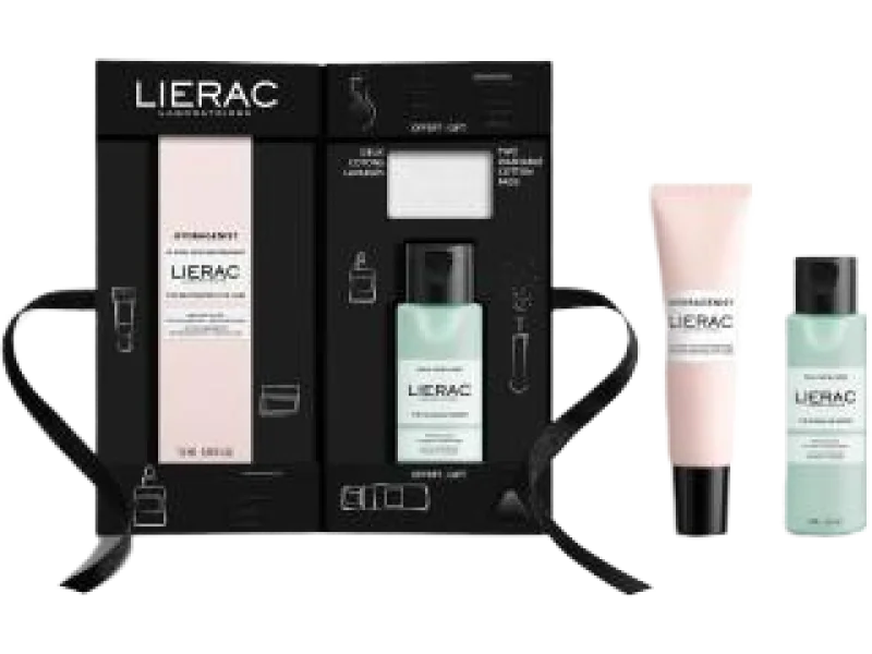 LIERAC HYDRAGENIST nawilżający krem pod oczy + woda micelarna + płatki kosmetyczne do demakijażu wielokrotnego użycia, krem + woda + płatki, 15 + 50 + 2 szt.