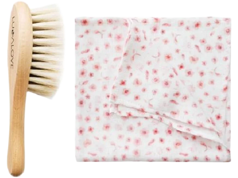 LULLALOVE Szczotka miękka z koziego włosia + myjka muślinowa Kwiaty Róż, sprzęt medyczny, szt.