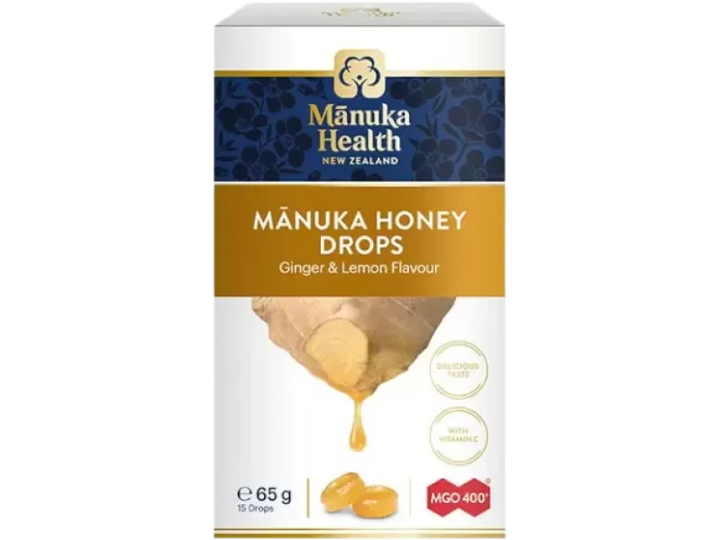 Manuka Health z miodem manuka MGO 400+ i witaminą C, smak imbirowo-cytrynowy, cukierki, 65 g