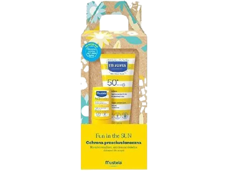 Mustela Fun In The Sun zestaw mleczko przeciwsłoneczne SPF 50+ + sztyft przeciwsłoneczny SPF 50, mleczko + sztyft, 100 + 9 ml