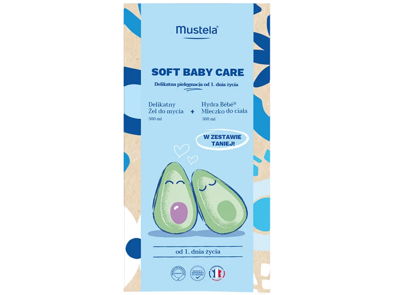 Mustela Soft Baby Care delikatny żel do mycia + Hydra Bébé mleczko do ciała, żel + mleczko, 500 ml