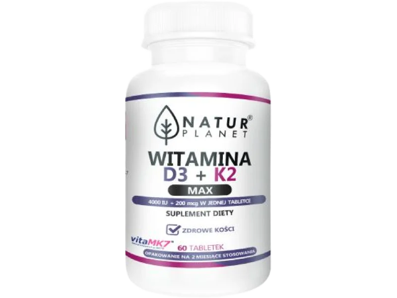 NaturPlanet Witamina K+D3 Max, tabletki, 200 µg + 100 µg, 60 tabl.