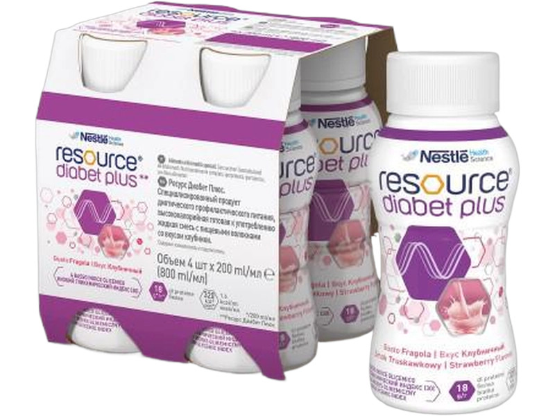 Nestle Resource Diabet Plus, smak truskawkowy, płyn, 4 x 200 ml