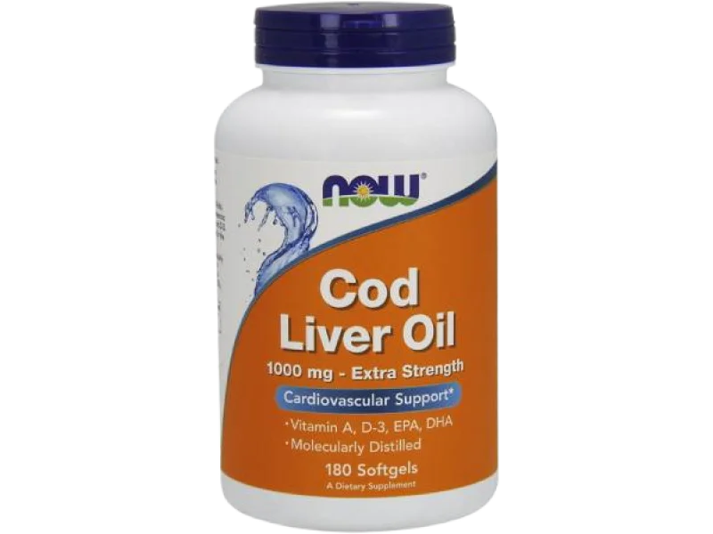 NOW FOODS Cod Liver Oil Extra Strength – Tran, kapsułki miękkie, 1000 mg, 180 kaps.
