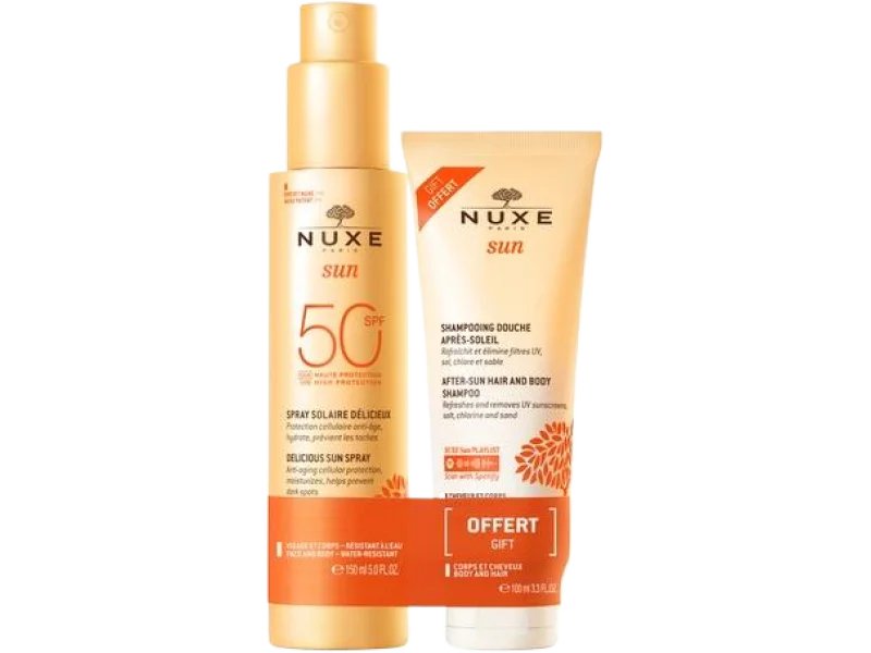 NUXE Sun Zestaw Mleczko do opalania twarzy SPF50 + Żel pod prysznic do ciała i włosów, 150 + 100 ml