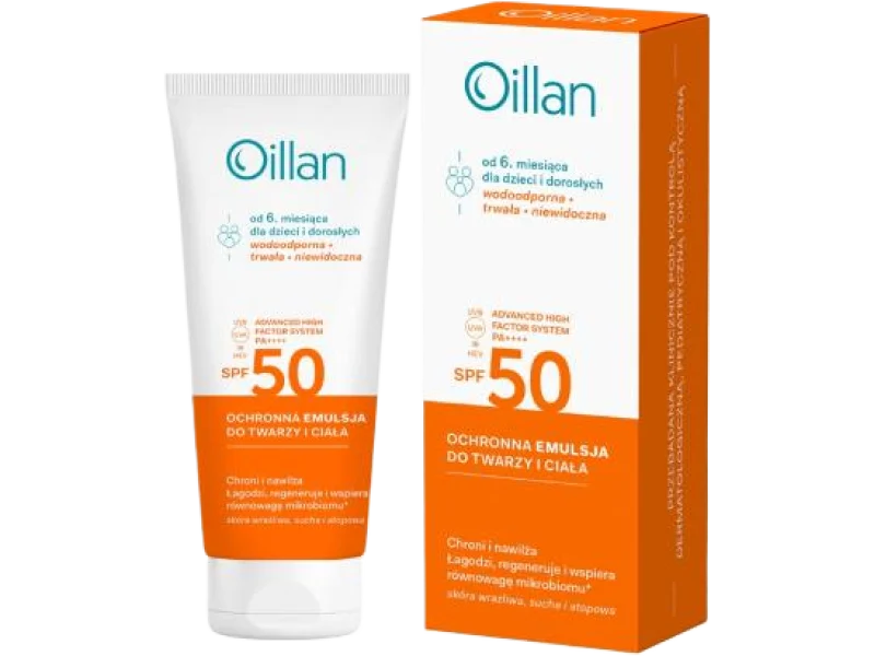 OILLAN Ochronna emulsja przeciwsłoneczna do twarzy i ciała z filtrem SPF50 do skóry wrażliwej, emulsja na skórę, 100 ml