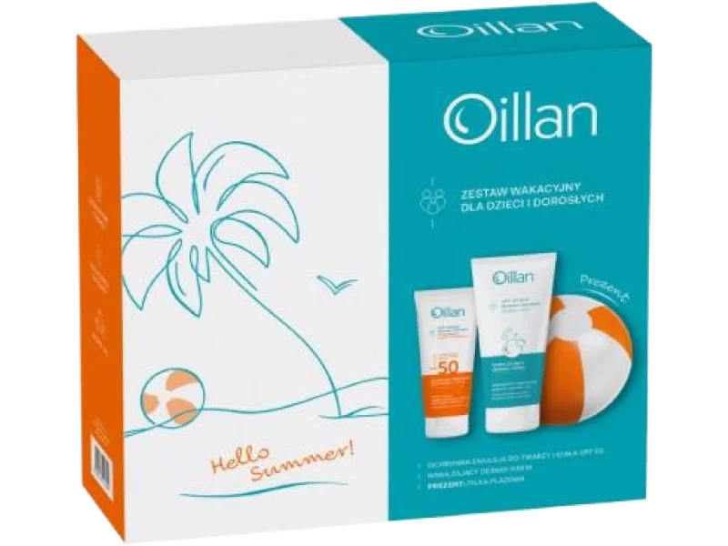 OILLAN Sun Zestaw Ochronna emulsja do twarzy i ciała z filtrem SPF50 + Dermo-krem + piłka plażowa, zestaw terapeutyczny, 100ml + 200ml ml