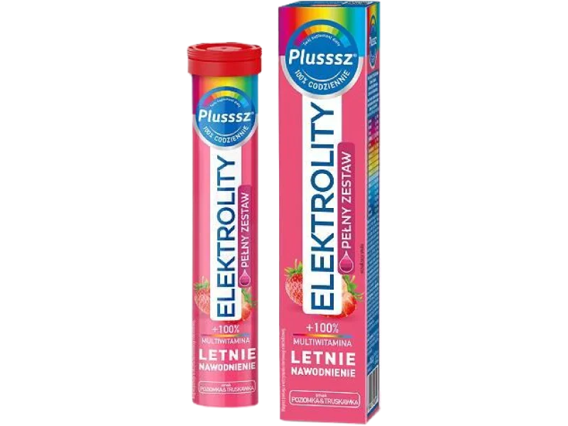 Plusssz Elektrolity + 100% Multiwitamina, smak poziomka & truskawka, tabletki musujące, 24 tabl.