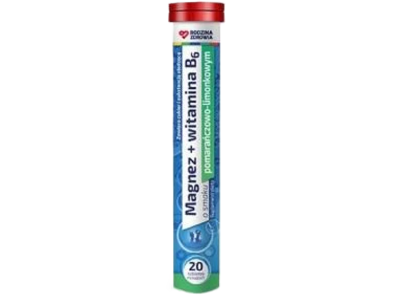 Rodzina Zdrowia Magnez + witamina B6 o smaku pomarańczowo-limonkowym, tabletki musujące, 20 tabl.