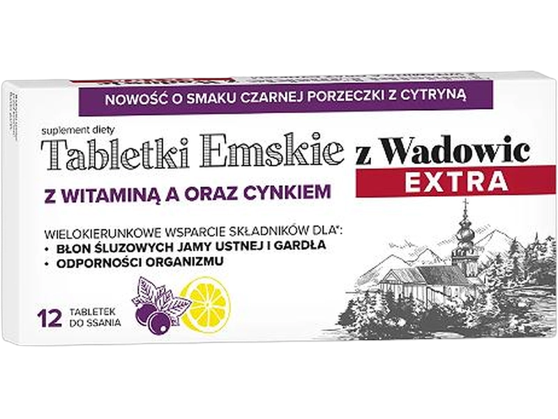 Tabletki emskie z Wadowic EXTRA, smak czarnej porzeczki, tabletki do ssania, 12 tabl.