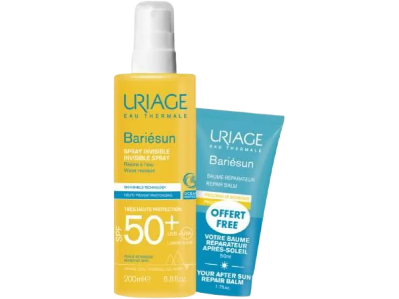 Uriage Bariesun Zestaw Invisible Spray SPF 50+ + Balsam po opalaniu, 200 + 50 ml