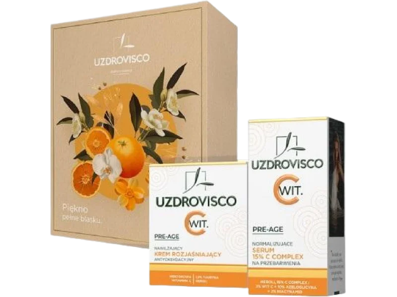 UZDROVISCO Pre-Age Zestaw Nawilżający krem rozjaśniający antyoksydacyjny + Normalizujące serum C complex 15% na przebarwienia, zestaw terapeutyczny, 50ml + 30ml ml