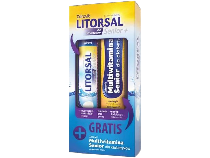 Zdrovit Litorsal Senior dla diabetyków + multiwitamina, tabletki musujące, 20 + 24 tabl. + tabl.