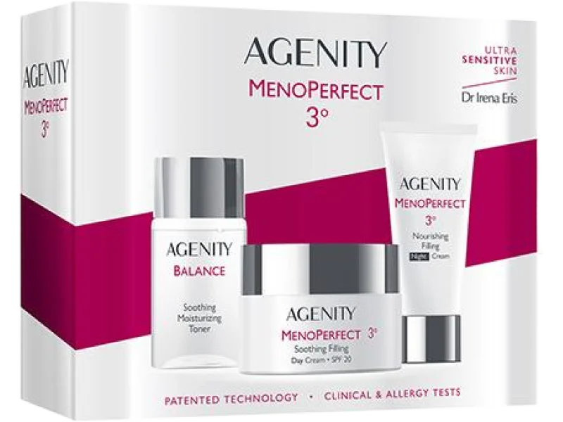 Zestaw Agenity Menoperfect łagodzący krem wypełniający na dzień SPF 20 + odżywczy krem wypełniający na noc + łagodzący tonik nawilżający, krem + tonik, 125 ml